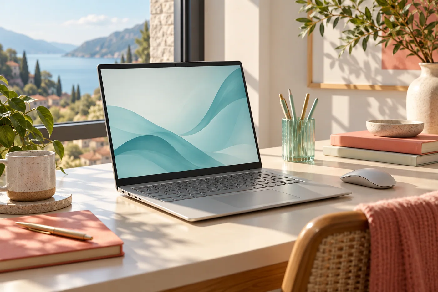 日光下的Windows笔记本工作台